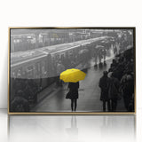 Framed acrylic wall art featuring a striking railroad landscape design in gold tones, elegantly displayed to enhance any modern decor. Perfect for train enthusiasts.
