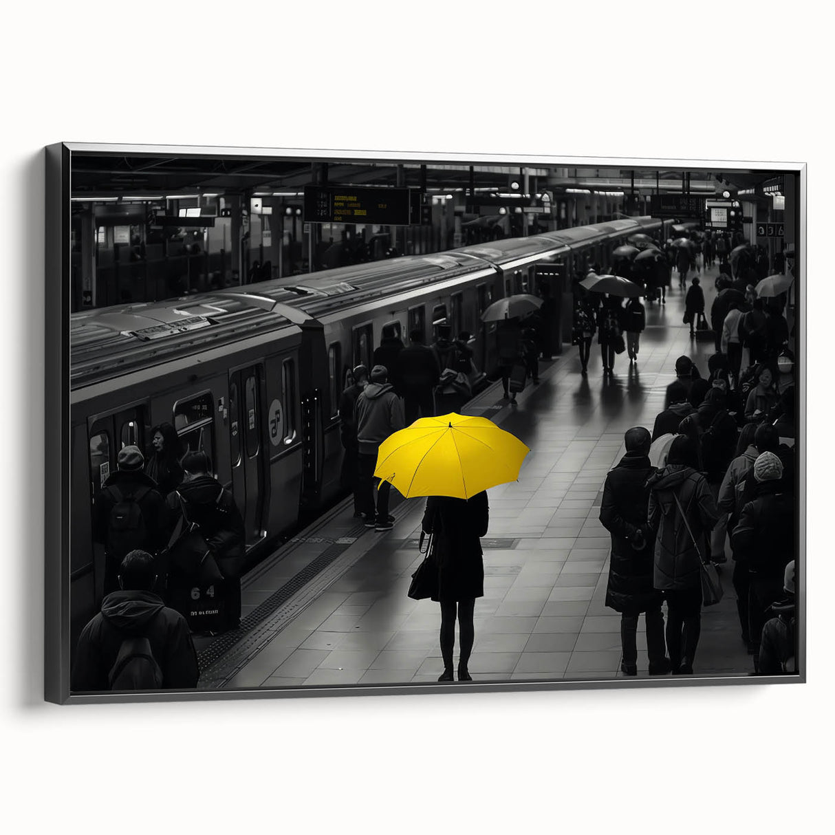 Framed canvas wall art showcasing a serene landscape with railroad tracks running through lush greenery, emphasizing tranquil nature and adventure themes. The artwork features vibrant colors and a black frame, adding elegance to any home decor.