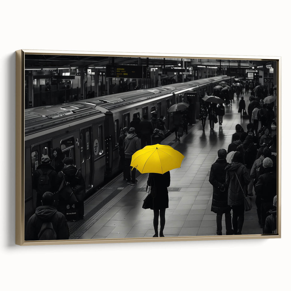 Framed canvas wall art showcasing a scenic railroad landscape design in vibrant colors, featuring a stylish gold frame, ideal for home decor enhancement.