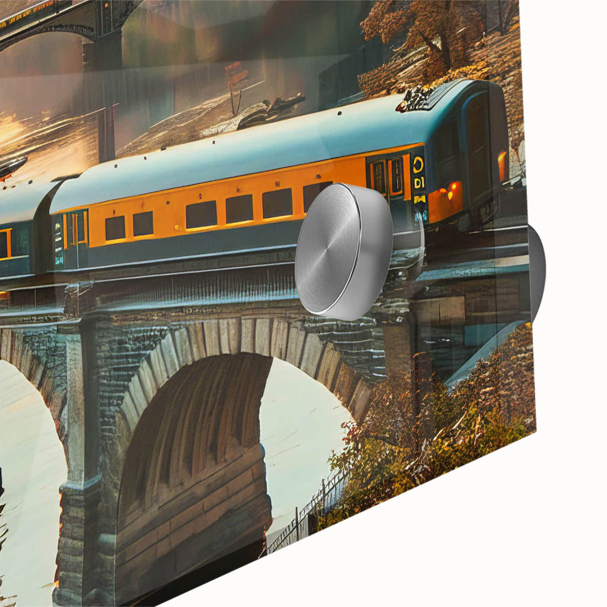 Close-up of a vibrant acrylic glass wall art piece showcasing a serene landscape featuring railroads, lush greenery, and a clear blue sky, ideal for modern decor.