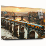 Acrylic glass wall art collection displaying a vibrant landscape featuring railroads, captured from a side view, showcasing vivid colors and intricate details.