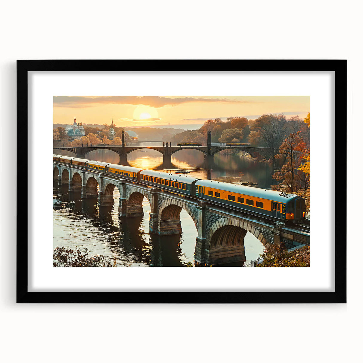 Framed wall art collection featuring a railroad landscape design, presented with a black mat and frame, ideal for enhancing home decor with a touch of nature.