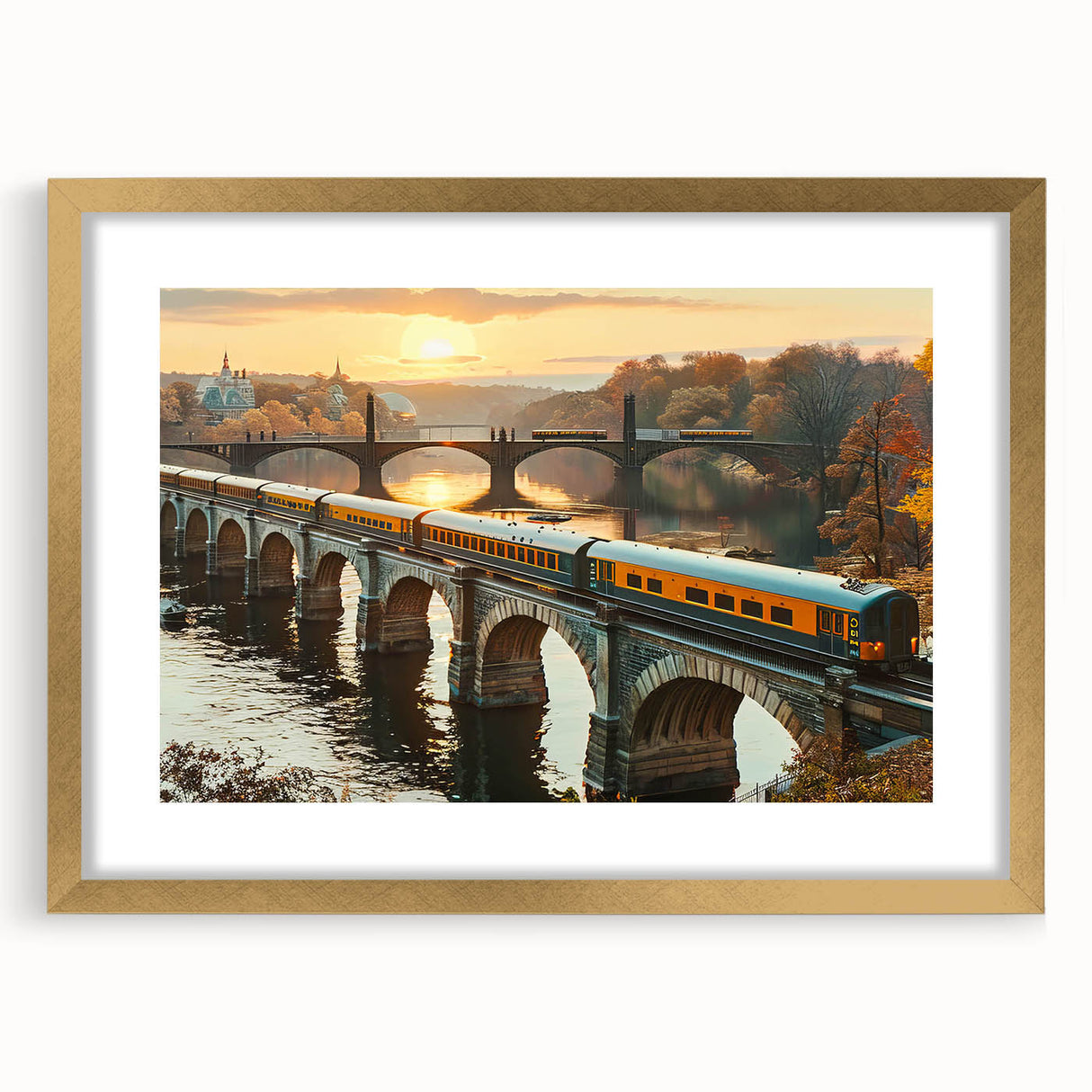 Framed wall art collection depicting serene landscapes and railroads, featuring a gold frame and mat, ideal for enhancing home decor aesthetics.
