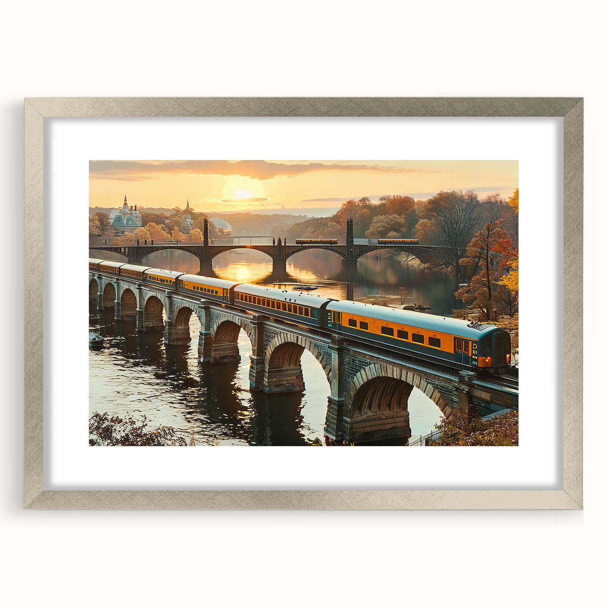 Framed wall art collection featuring landscapes and railroads in a silver frame with matting, showcasing intricate details and vibrant colors, perfect for home decor.