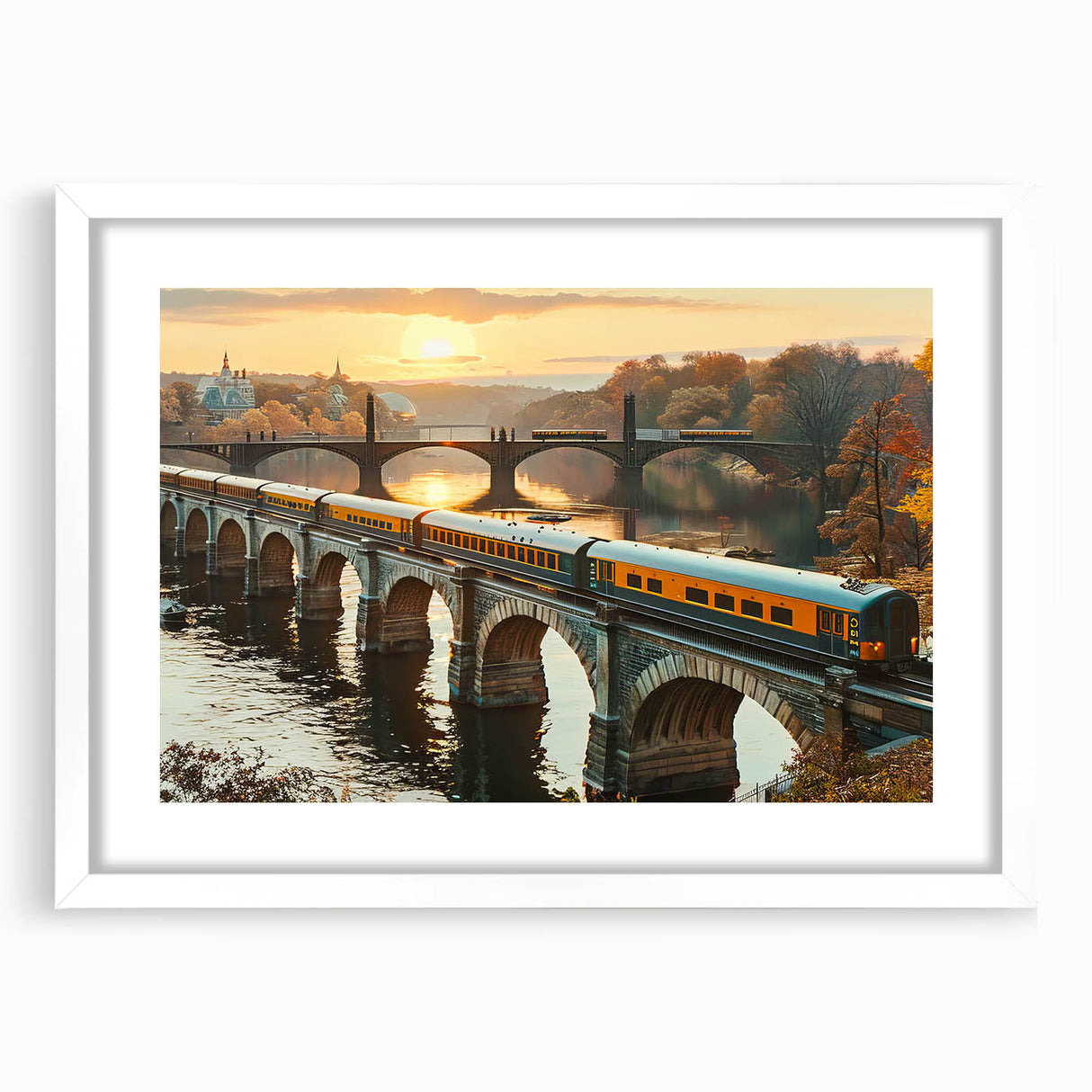 Framed wall art collection showcasing intricate railroad landscapes, featuring a crisp white mat and sleek frame, perfect for home or office decor.