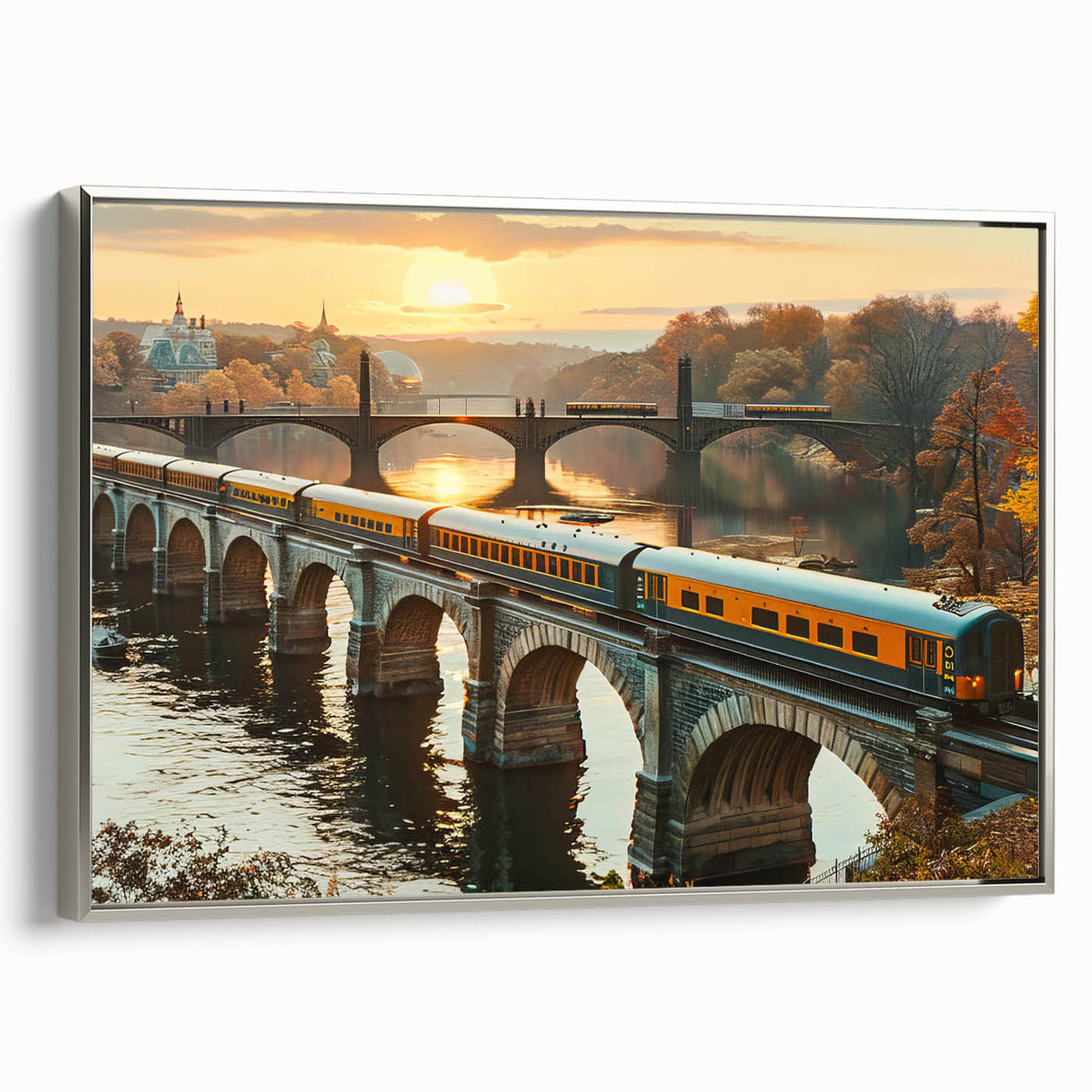 Framed canvas wall art showcasing a serene railroad landscape in muted tones, with a sleek silver frame, offering a modern touch to home decor. Ideal for train enthusiasts and art lovers alike.