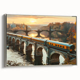 Framed canvas wall art showcasing a serene railroad landscape in muted tones, with a sleek silver frame, offering a modern touch to home decor. Ideal for train enthusiasts and art lovers alike.