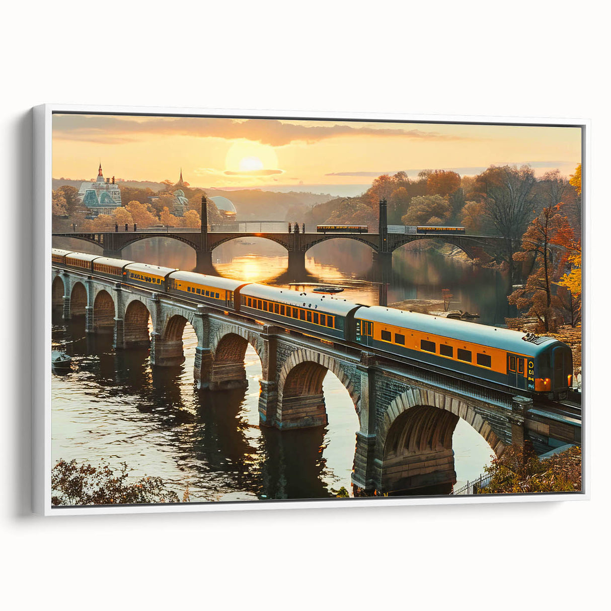 Framed canvas artwork showcasing a serene railroad landscape in muted colors, emphasizing tranquility and nature’s beauty. Ideal for home or office decor.