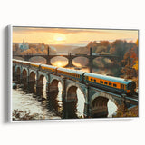 Framed canvas artwork showcasing a serene railroad landscape in muted colors, emphasizing tranquility and nature’s beauty. Ideal for home or office decor.