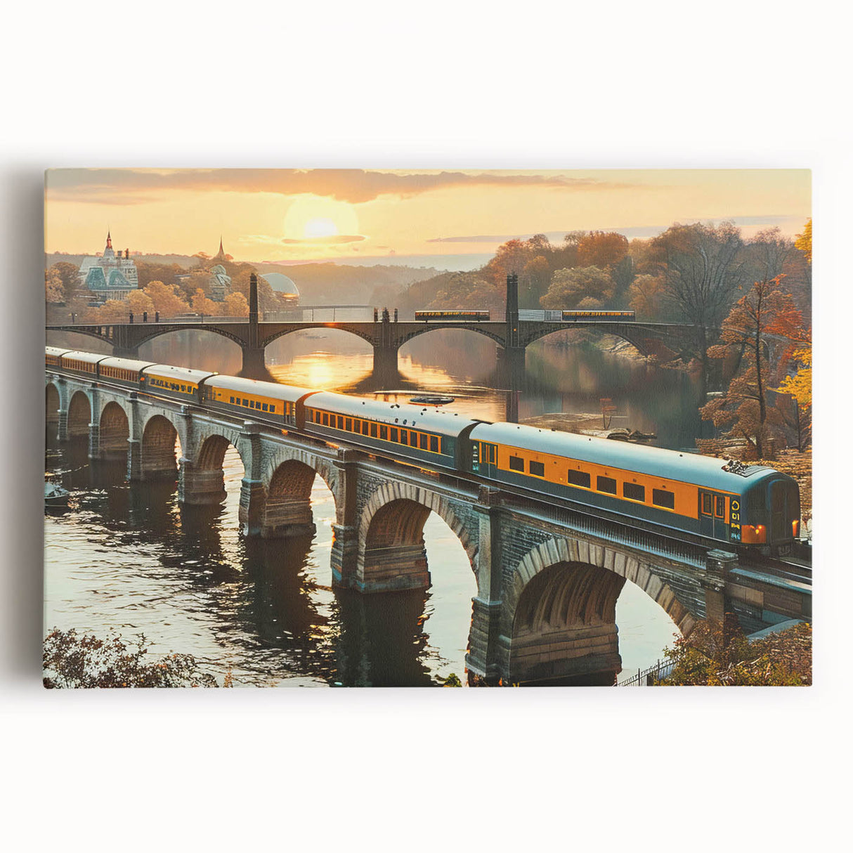 Colorful stretched canvas wall art depicting a scenic railroad landscape, showcasing vibrant hues and intricate details, perfect for home decor enthusiasts.