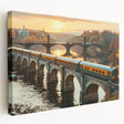 Stretched canvas wall art featuring a serene railroad landscape, showcasing vibrant colors and intricate details, perfect for home decor or office ambiance.