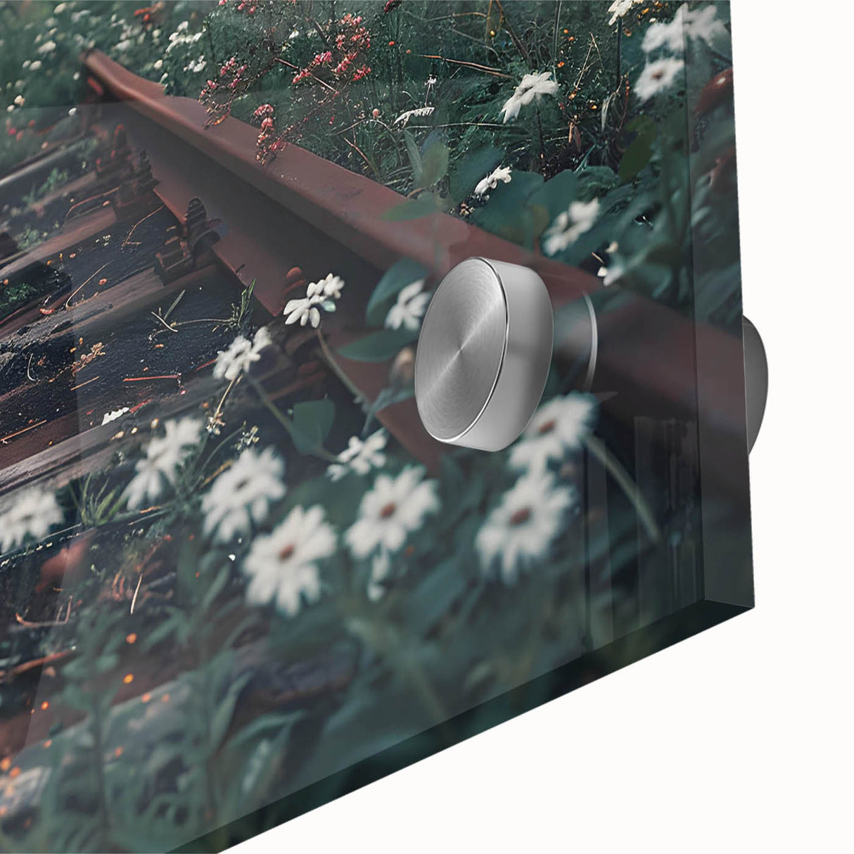 Close-up view of a vibrant acrylic glass wall art piece showcasing a railroad landscape design with rich colors and intricate details, perfect for modern decor.