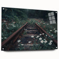 Acrylic glass wall art featuring a vibrant railroad landscape design, showcasing rich colors and intricate details, displayed from a side view with mounting pins.