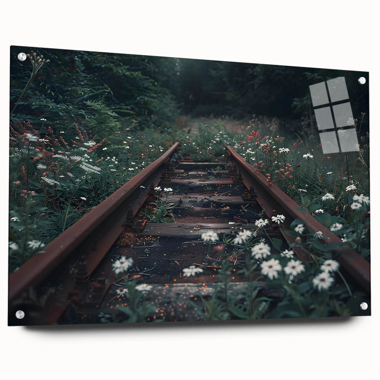 Acrylic glass wall art featuring a vibrant railroad landscape design, showcasing rich colors and intricate details, displayed from a side view with mounting pins.