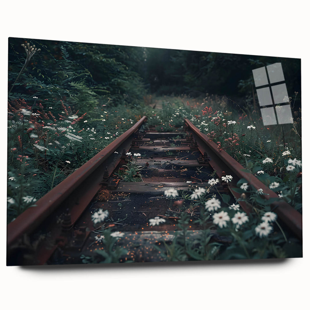Vibrant acrylic glass wall art showcasing a side view of a colorful railroad landscape design, perfect for modern home decor and art enthusiasts.
