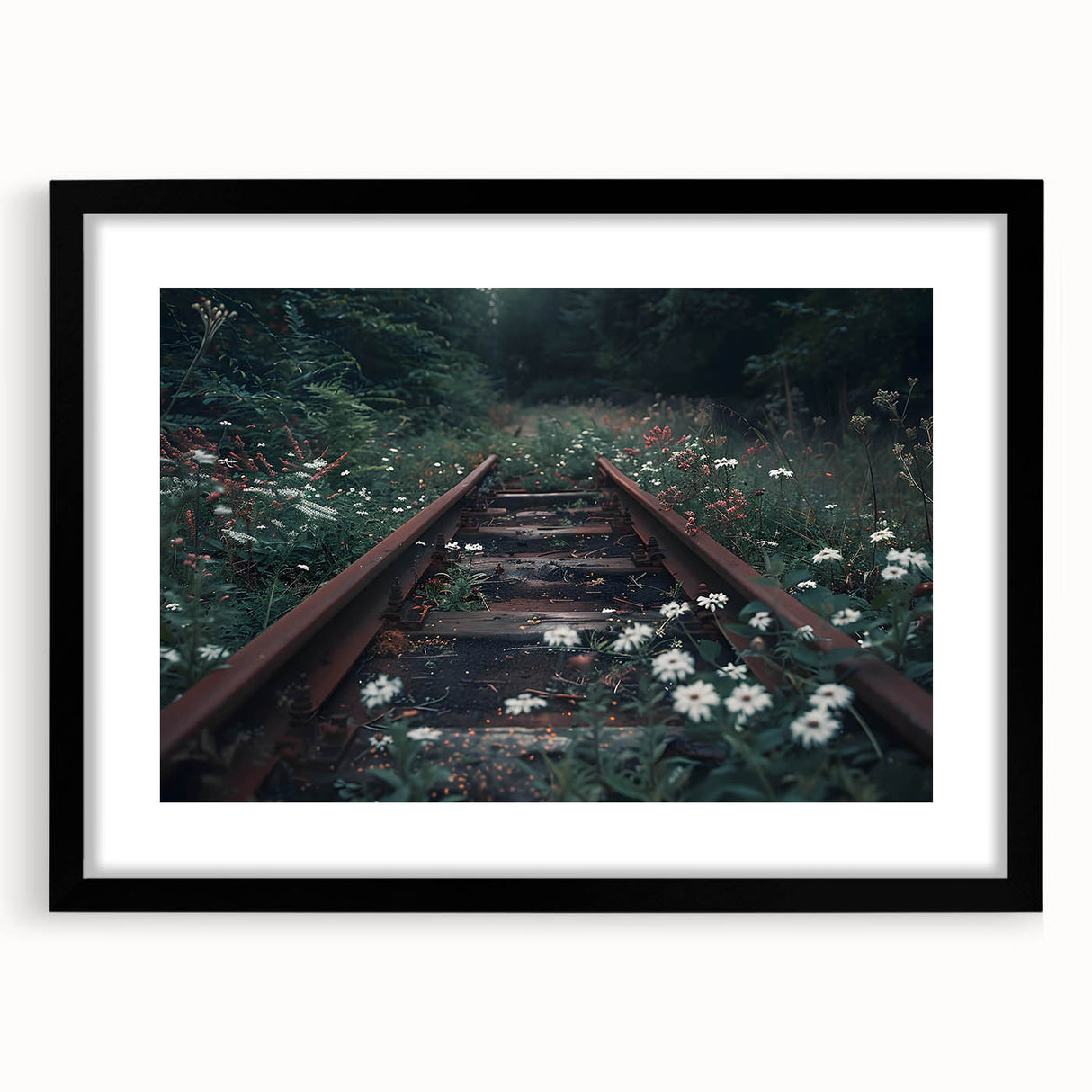 Framed black wall art featuring a captivating landscape design with railroad elements, presented in a sleek black frame with a white mat, perfect for modern decor.