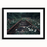 Framed black wall art featuring a captivating landscape design with railroad elements, presented in a sleek black frame with a white mat, perfect for modern decor.