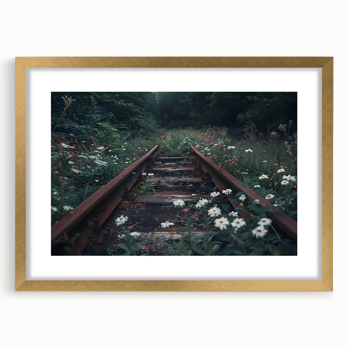 Framed wall art showcasing a scenic railroad landscape design with a gold mat, perfect for enhancing home decor and creating a vintage ambiance.