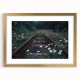 Framed wall art showcasing a scenic railroad landscape design with a gold mat, perfect for enhancing home decor and creating a vintage ambiance.