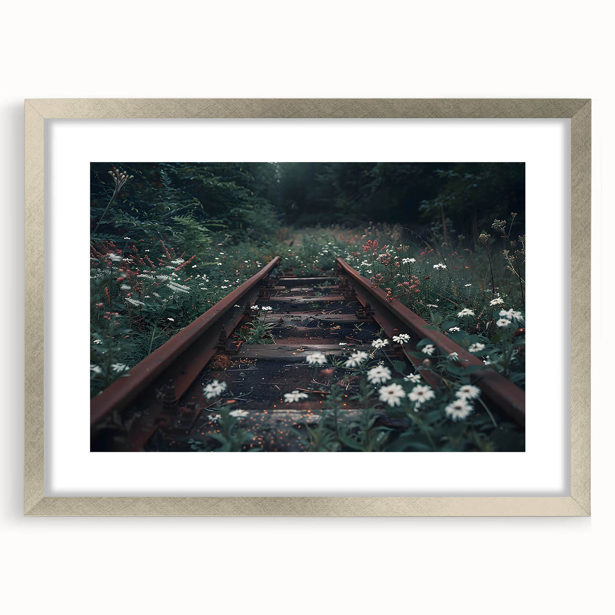 Framed wall art showcasing a scenic landscape with a railroad design, featuring a sleek silver frame and white matting, perfect for modern home decor.