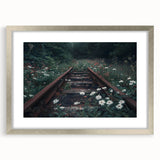 Framed wall art showcasing a scenic landscape with a railroad design, featuring a sleek silver frame and white matting, perfect for modern home decor.