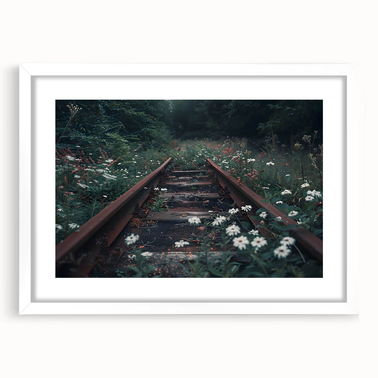 Framed wall art showcasing a serene railroad landscape design, featuring a white mat and sleek frame, perfect for enhancing home decor with a touch of tranquility.
