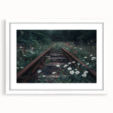 Framed wall art showcasing a serene railroad landscape design, featuring a white mat and sleek frame, perfect for enhancing home decor with a touch of tranquility.