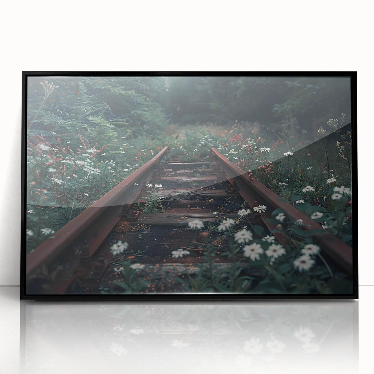 Framed acrylic wall art featuring a scenic railroad landscape design, showcasing vibrant colors and intricate details, set against a sleek black frame, ideal for home decor.