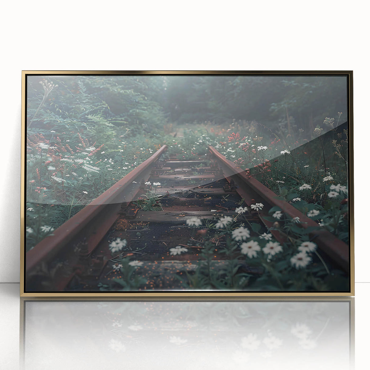 Framed acrylic wall art featuring a vibrant railroad landscape design in gold tones, showcasing intricate details and textures, perfect for modern decor.