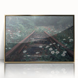 Framed acrylic wall art featuring a vibrant railroad landscape design in gold tones, showcasing intricate details and textures, perfect for modern decor.