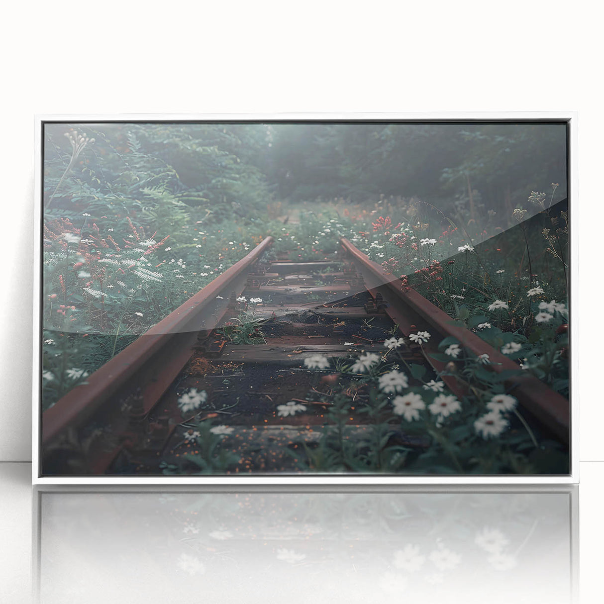 Framed acrylic wall art collection featuring a scenic landscape of railroad tracks with vibrant colors, displayed in a sleek white frame, perfect for modern decor.