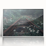 Framed acrylic wall art collection featuring a scenic landscape of railroad tracks with vibrant colors, displayed in a sleek white frame, perfect for modern decor.