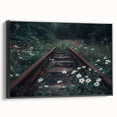 Framed canvas wall art showcasing a serene railroad landscape design, featuring rich colors and intricate details, viewed from the side against a neutral background.