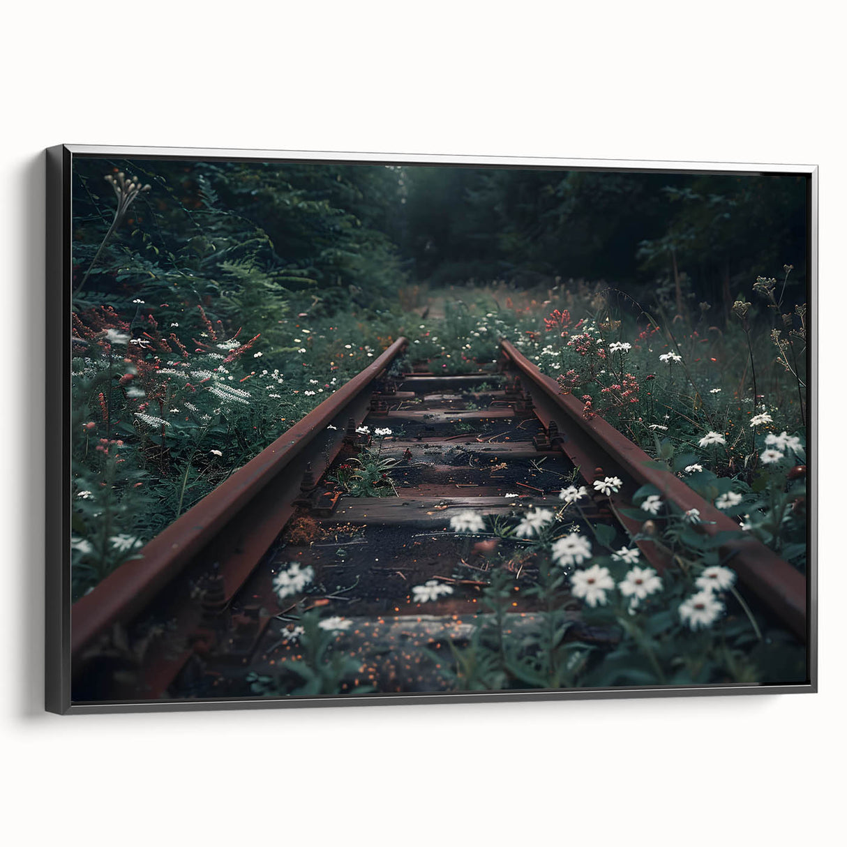 Framed canvas wall art showcasing a serene railroad landscape design, featuring rich colors and intricate details, viewed from the side against a neutral background.