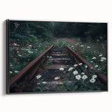 Framed canvas wall art showcasing a serene railroad landscape design, featuring rich colors and intricate details, viewed from the side against a neutral background.