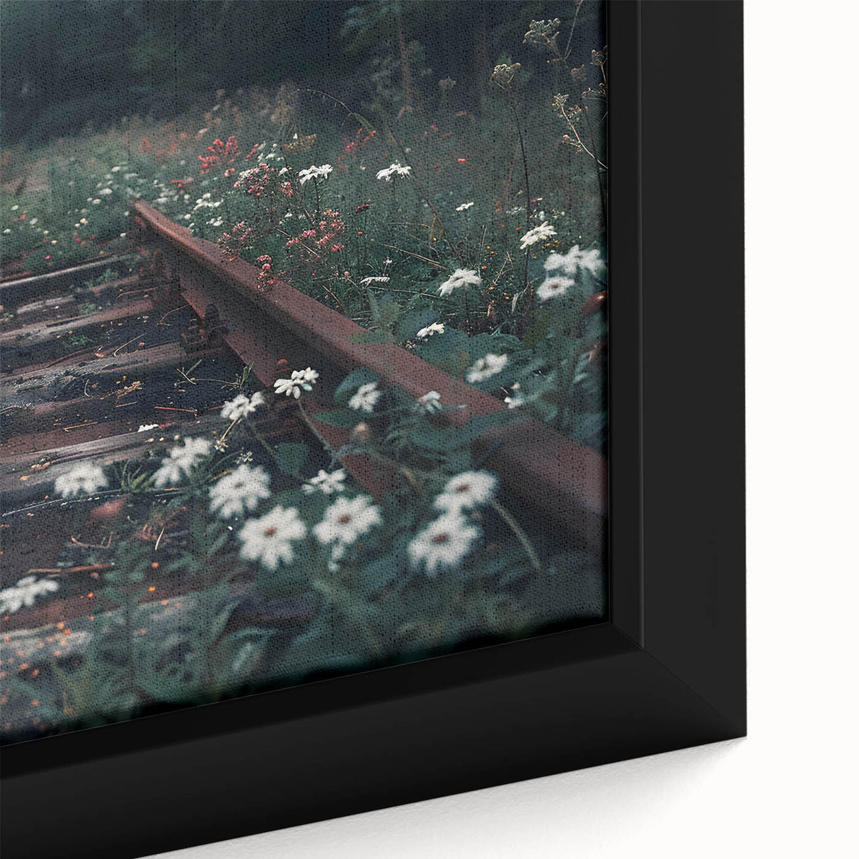 Framed canvas wall art showcasing a vibrant landscape with a railroad theme, featuring lush greenery and a clear blue sky, ideal for home decor enthusiasts.