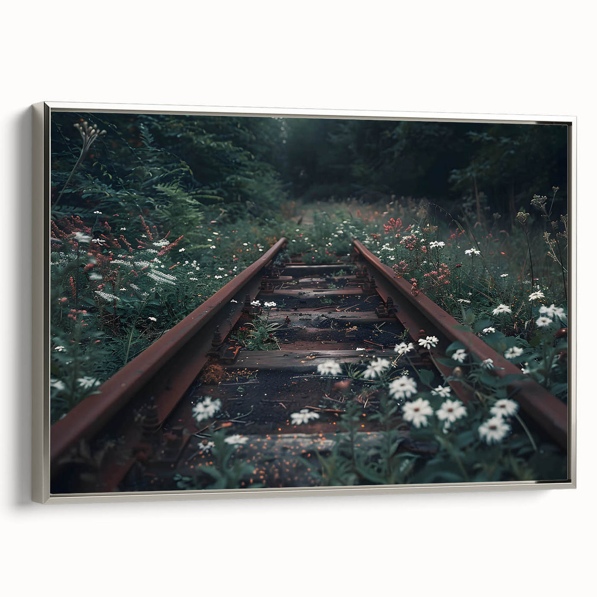 Framed canvas wall art showcasing a scenic railroad landscape design with silver accents, perfect for enhancing modern home decor. The artwork features vibrant colors and intricate details, ideal for train enthusiasts and art lovers.