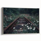 Framed canvas wall art showcasing a scenic railroad landscape design with silver accents, perfect for enhancing modern home decor. The artwork features vibrant colors and intricate details, ideal for train enthusiasts and art lovers.