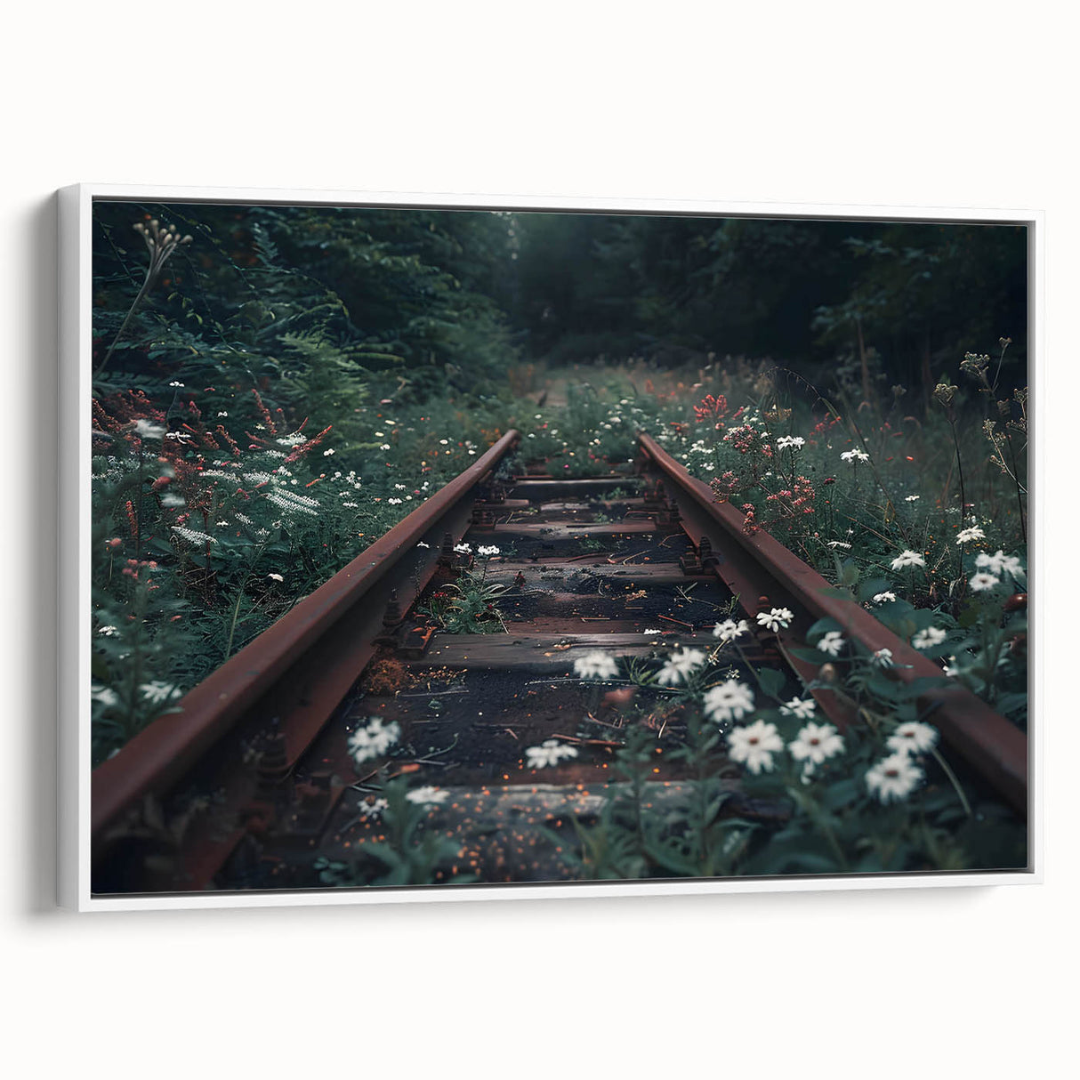 Framed canvas wall art featuring a serene landscape with railroad tracks, showcasing vibrant colors and detailed scenery, perfect for home decor.