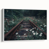 Framed canvas wall art featuring a serene landscape with railroad tracks, showcasing vibrant colors and detailed scenery, perfect for home decor.