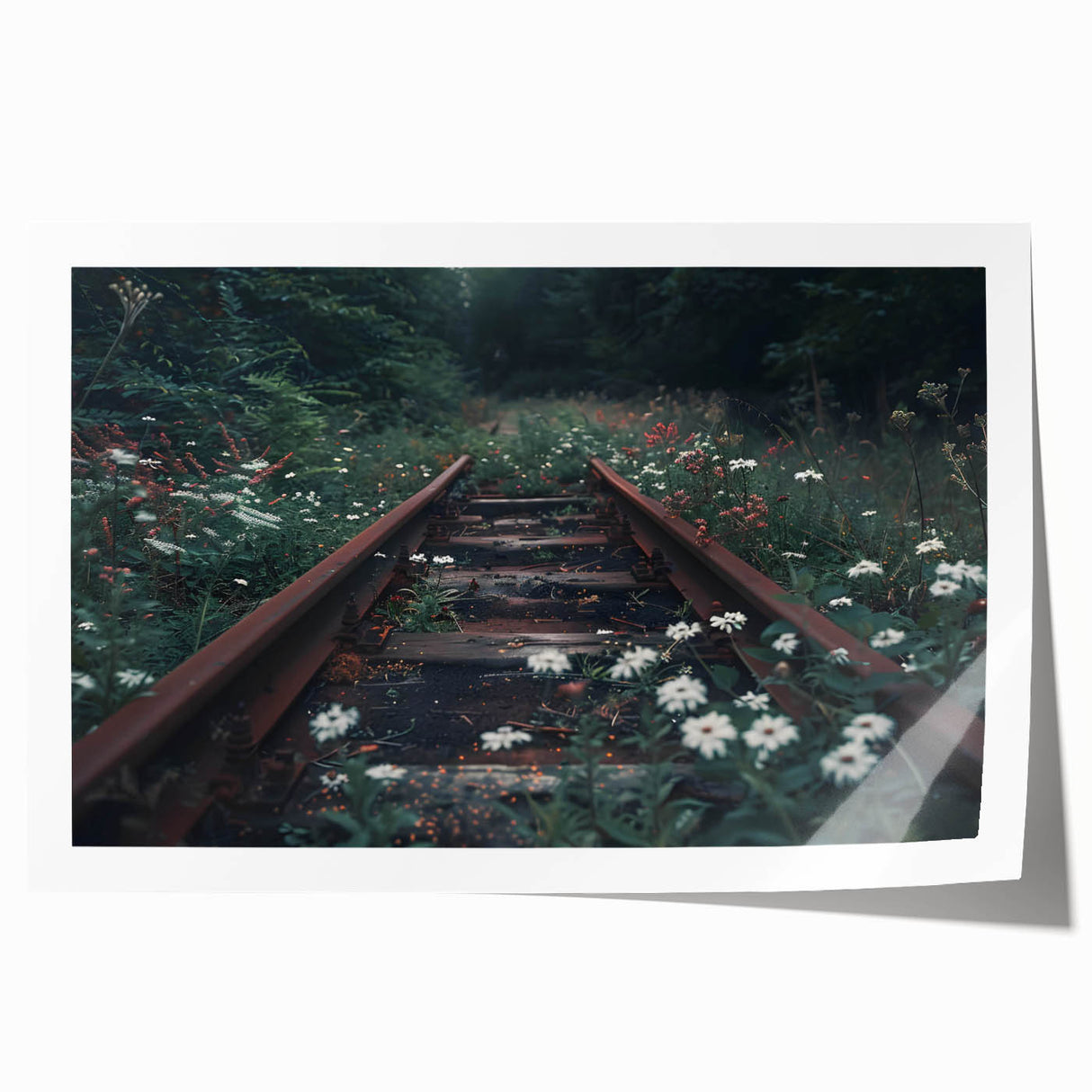 Vibrant rolled print of a railroad landscape design, featuring rich colors and intricate details, ideal for home decor or art collection display.