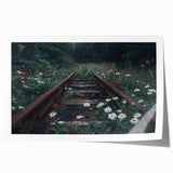 Vibrant rolled print of a railroad landscape design, featuring rich colors and intricate details, ideal for home decor or art collection display.