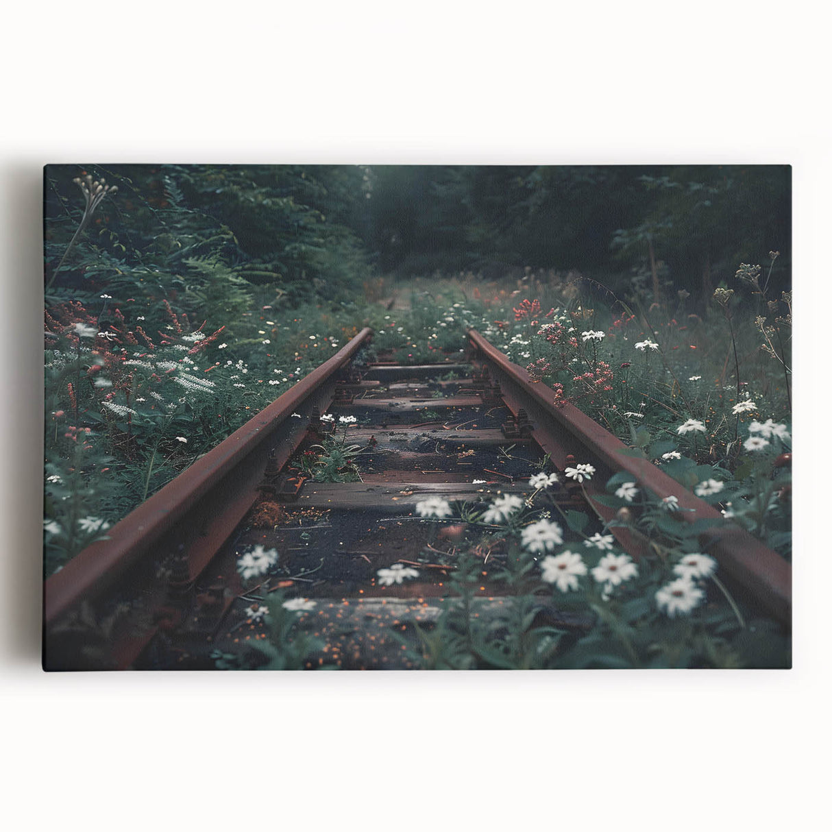 Stretched canvas wall art featuring a vibrant railroad landscape design, showcasing rich colors and intricate details, perfect for enhancing home decor with a modern touch.