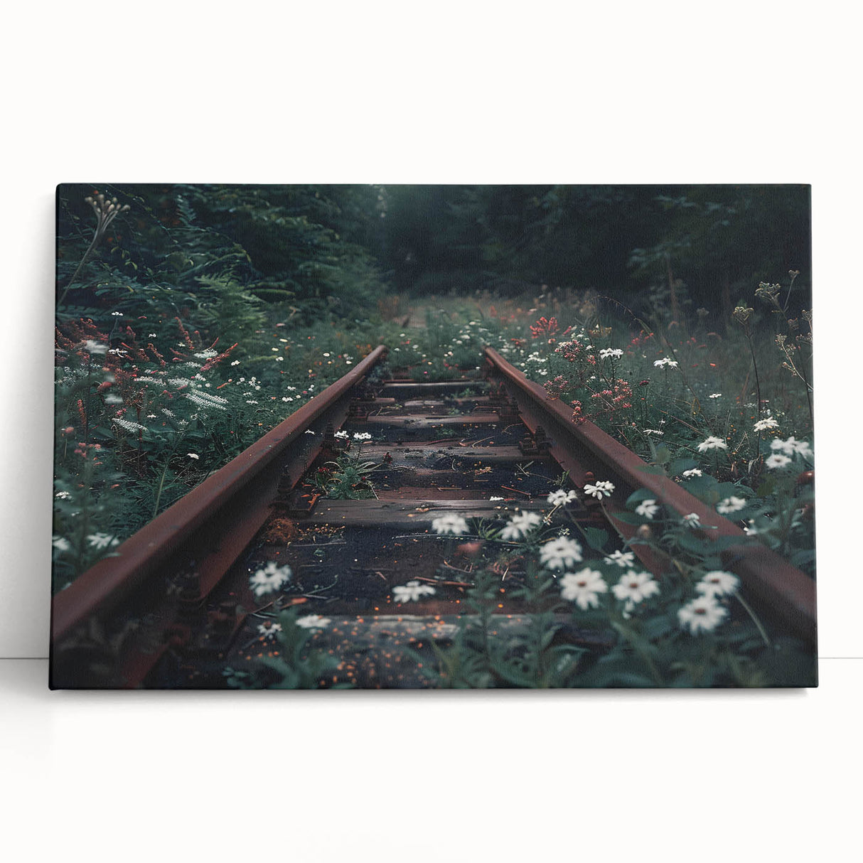 Stretched canvas wall art featuring a serene landscape with railroad tracks under a vibrant sunset, perfect for home decor and enhancing interior spaces.
