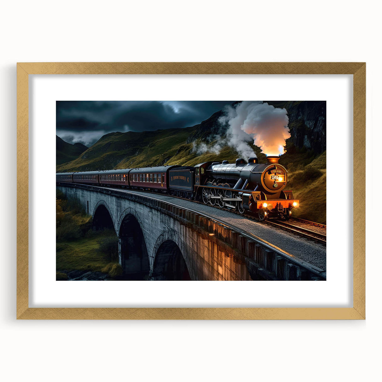 Framed wall art collection showcasing a stunning landscape and railroad design, featuring a gold mat and elegant frame, perfect for home decor enhancement.