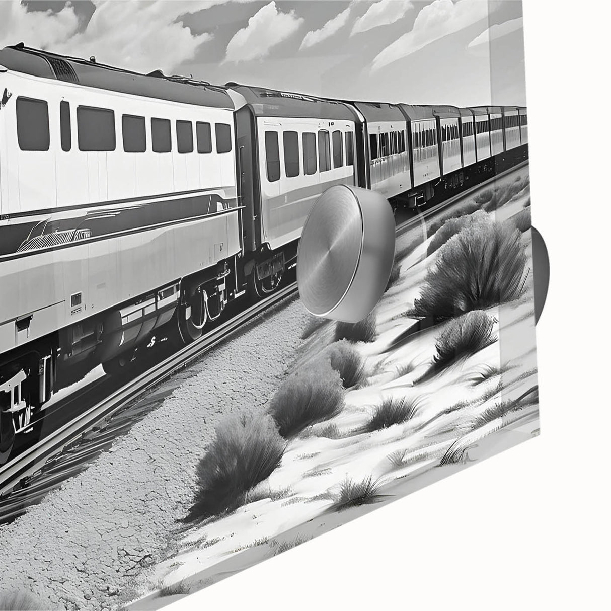 Close-up of a vibrant acrylic glass wall art piece showcasing an intricate railroad landscape design, highlighting rich colors and detailed textures, ideal for modern decor.