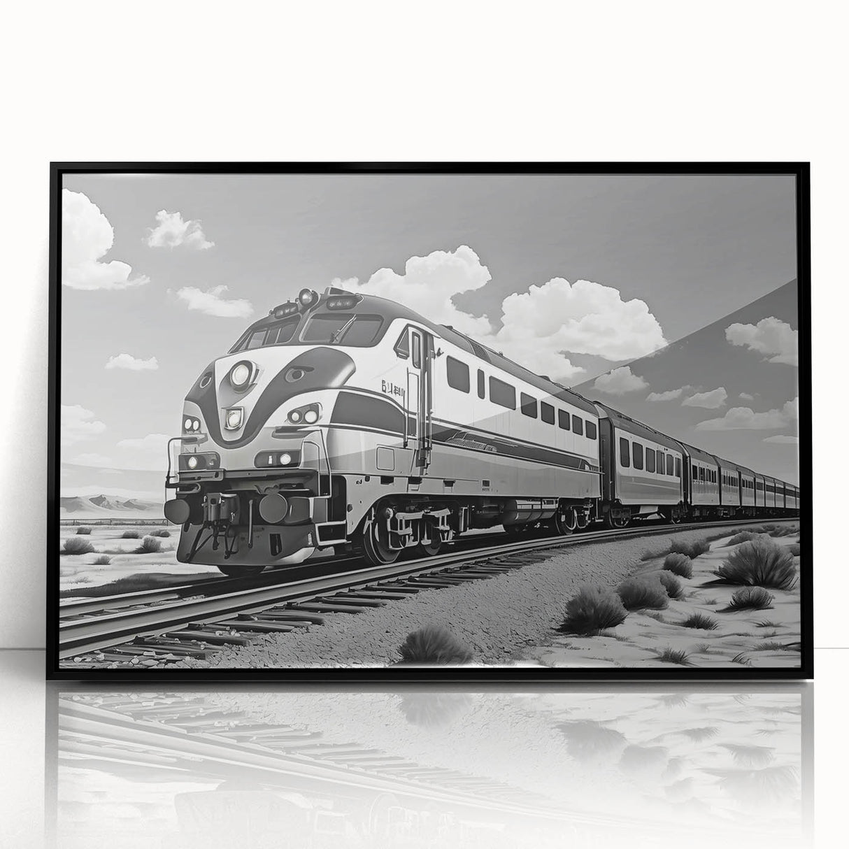 Framed acrylic wall art featuring a captivating railroad landscape design in black, showcasing intricate details and vibrant colors, perfect for modern decor.