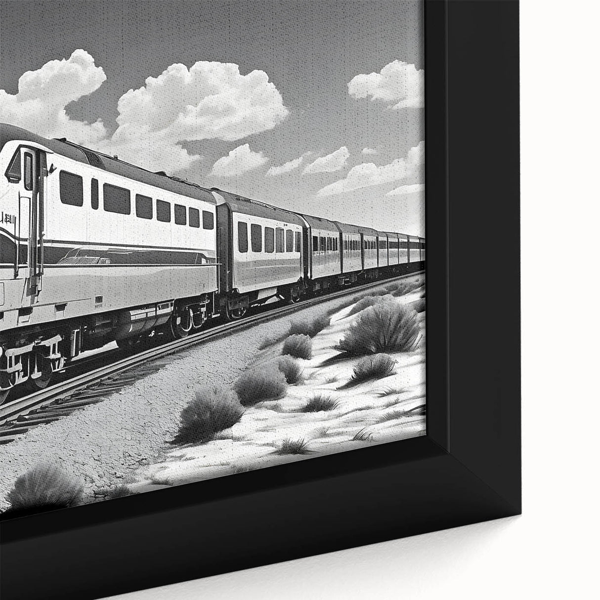 Framed canvas wall art depicting a vibrant railroad landscape design, showcasing rich colors and intricate details, perfect for home or office decor.