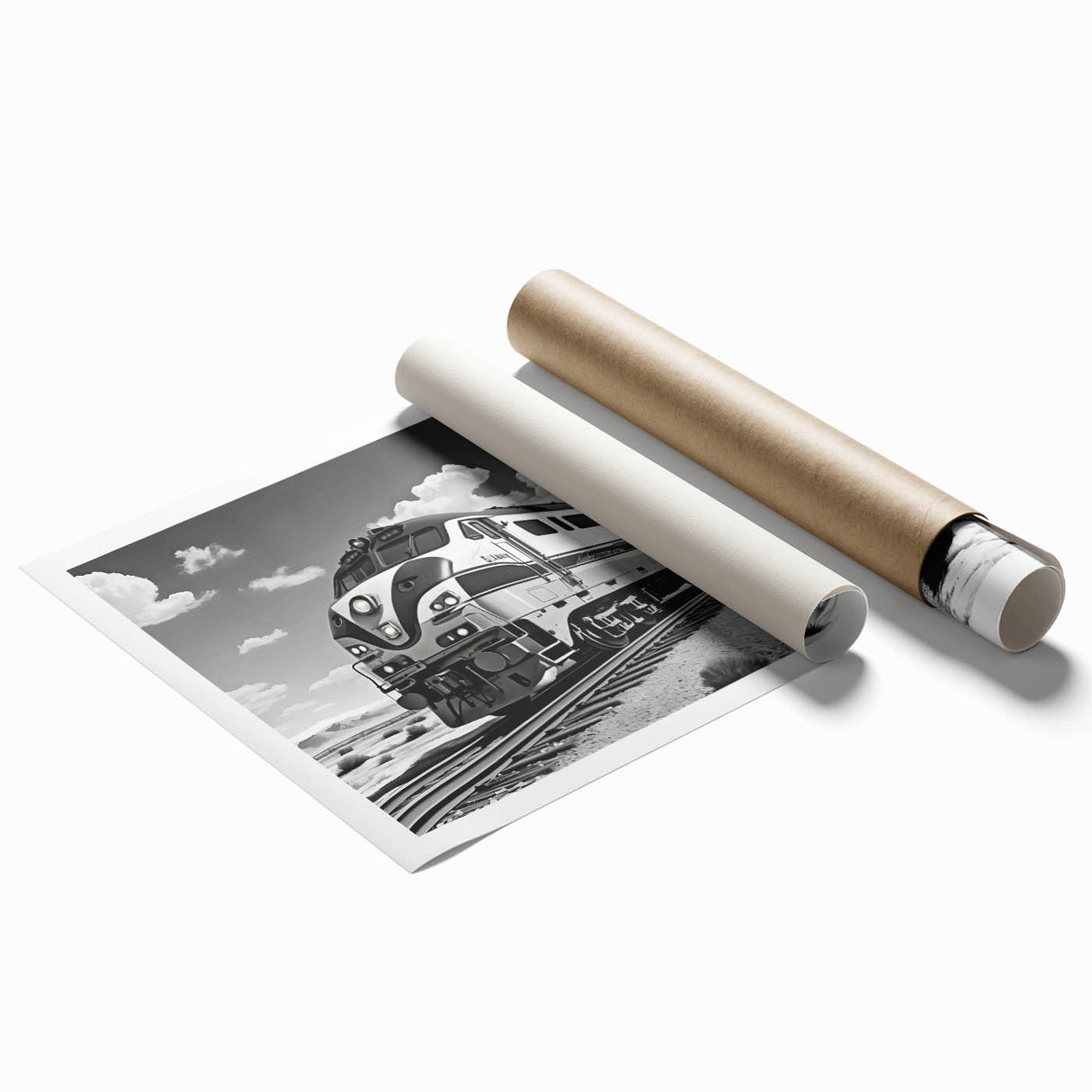Vibrant rolled print showcasing a scenic landscape with a railroad track winding through lush greenery, perfect for home or office decor. Ideal for nature enthusiasts and art collectors.