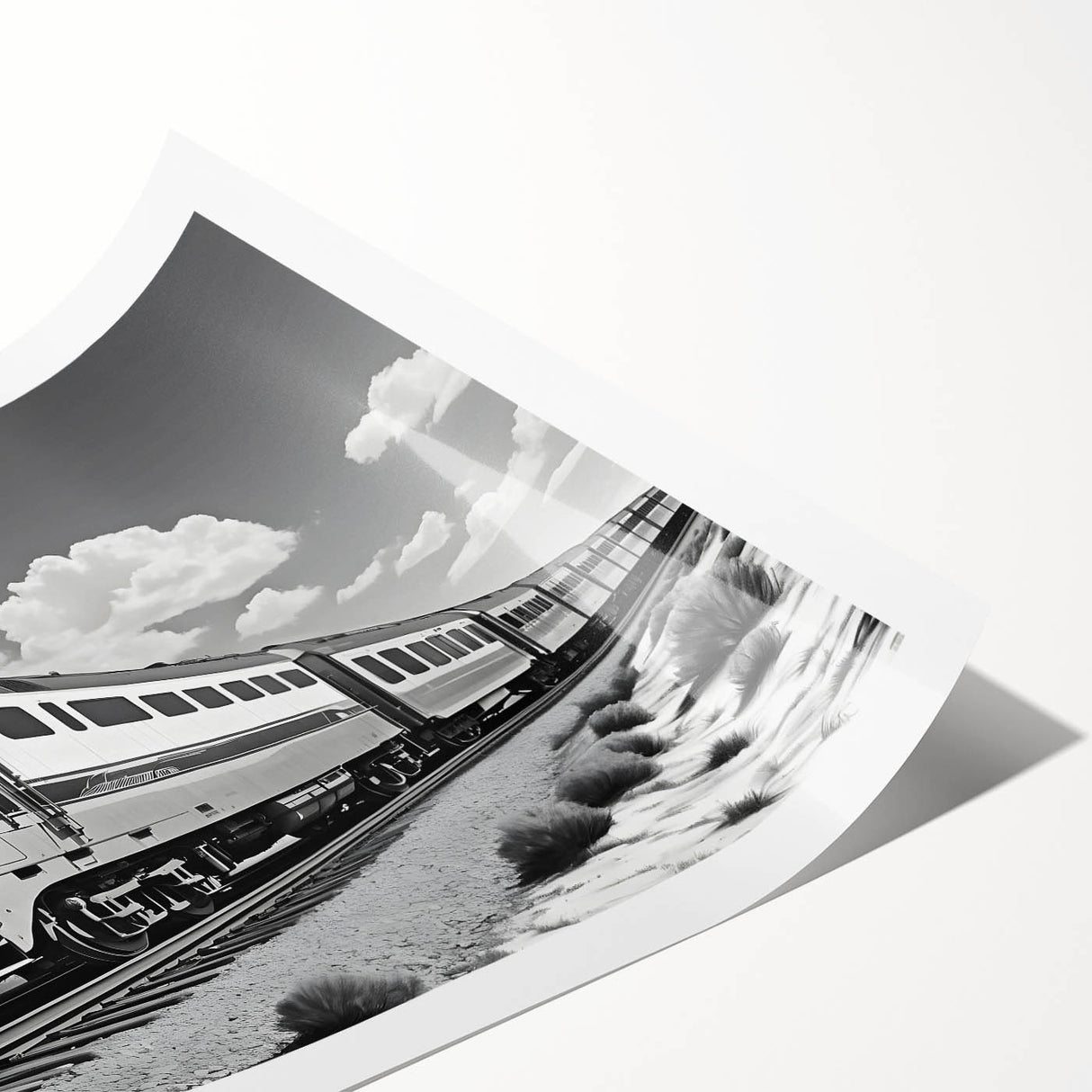 Rolled print of a vibrant railroad landscape design featuring intricate details, suitable for wall art display. Ideal for adding character to living spaces.